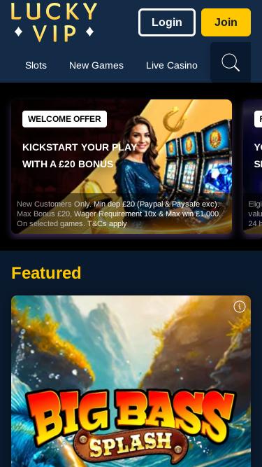 Главная страница мобильного приложения Lucky VIP Casino