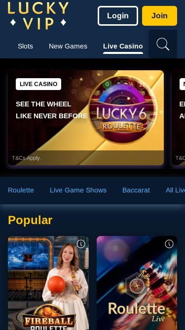 Мобильная страница Lucky VIP Casino с живыми дилерами