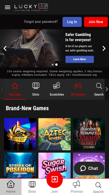 Homepage mobile del casinò Lucky247