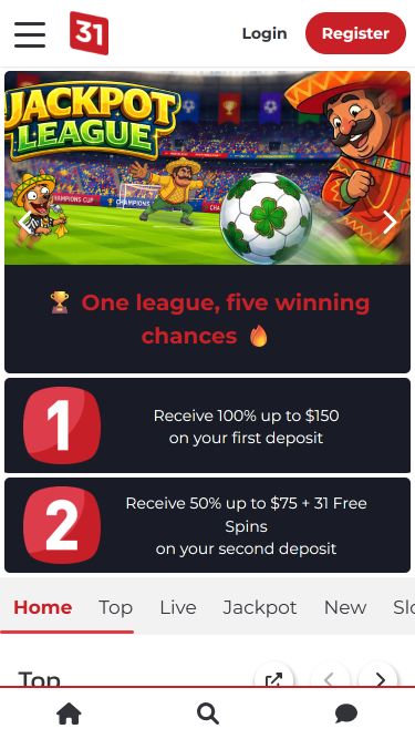 Página de inicio móvil del casino Lucky31