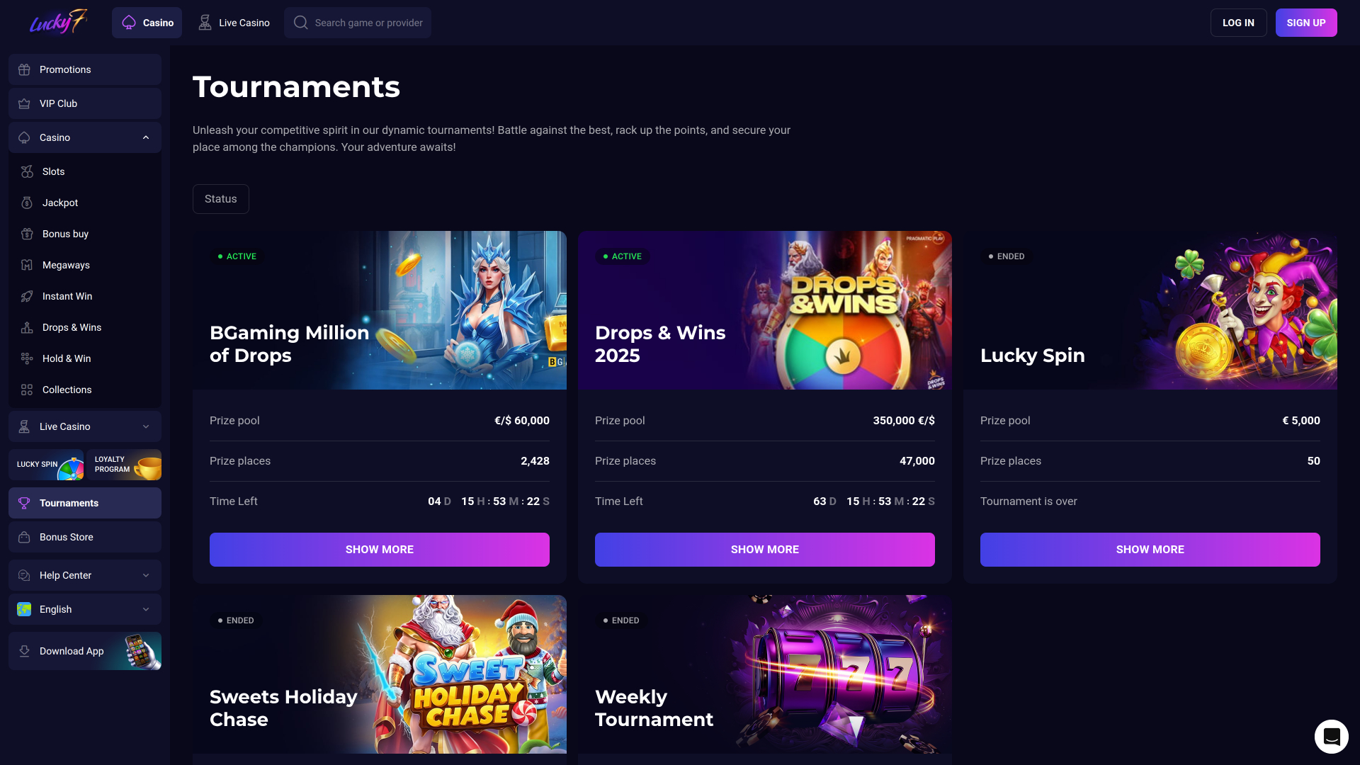 Турниры Lucky7even для настольных компьютеров