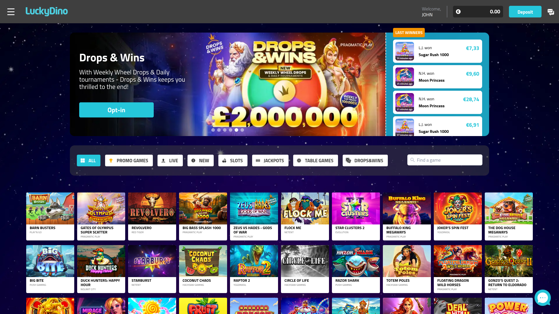 Page d'accueil du casino Luckydino pour ordinateur