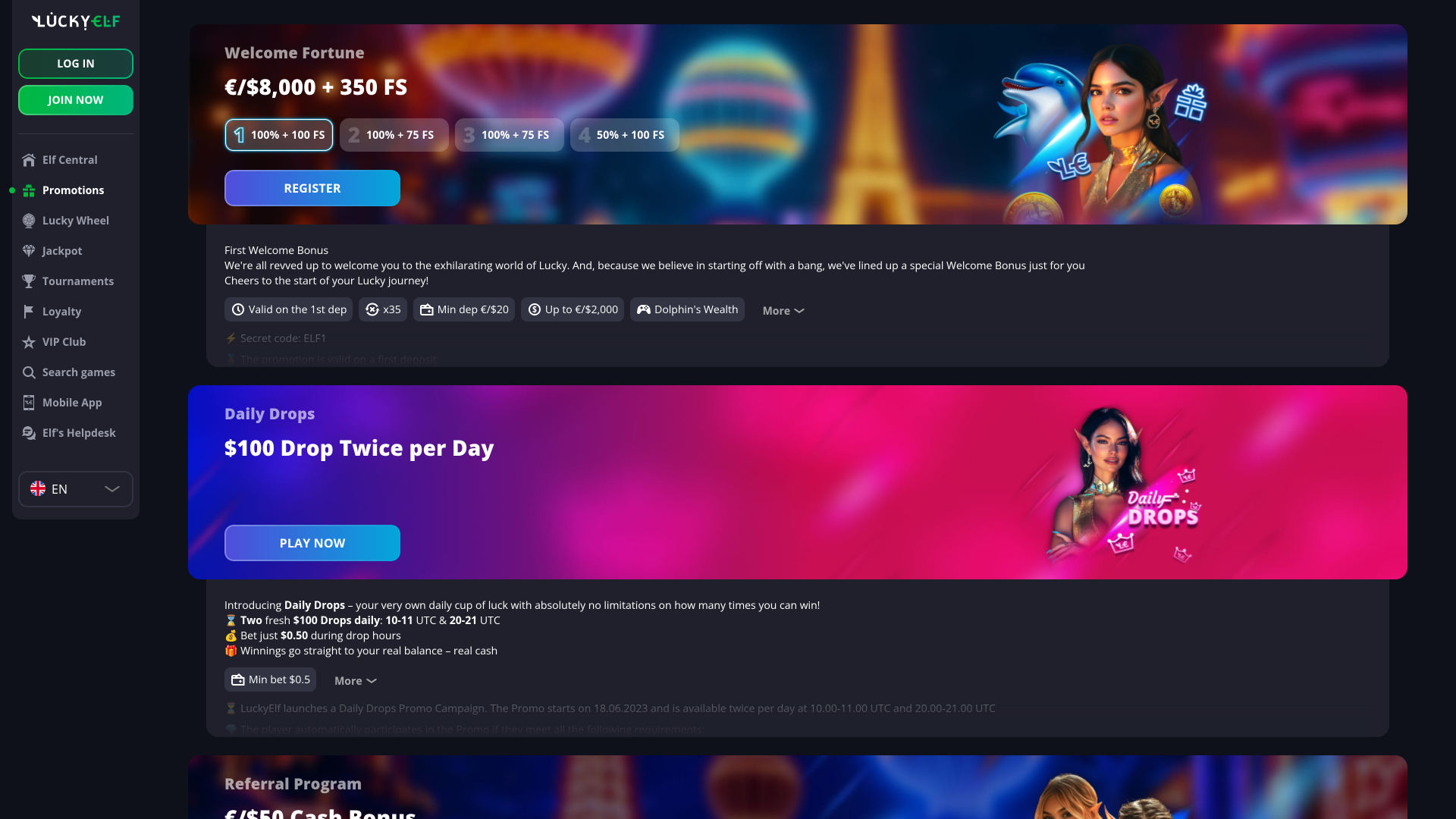 Luckyelf Casino Desktop Promotions