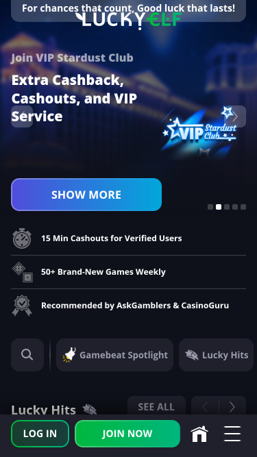 Luckyelf Casino Mobile Homepage