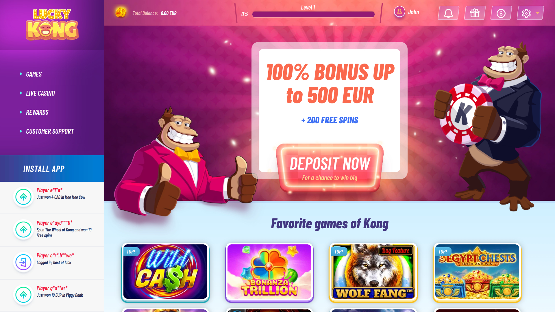 Página de inicio de Luckykong Casino para escritorio