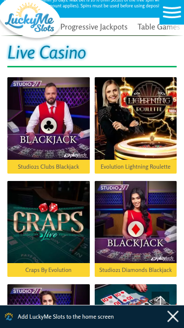 Casinò mobile LuckyMe Slots con croupier dal vivo
