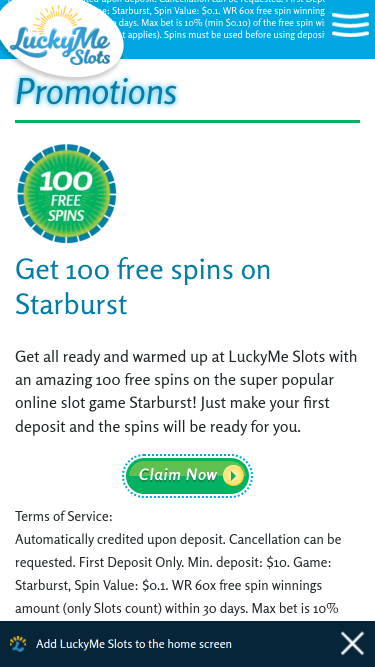 Promozioni per dispositivi mobili di LuckyMe Slots Casino