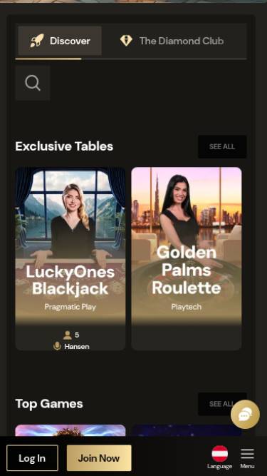 Capture d'écran de la page mobile en direct du casino Lucky Ones