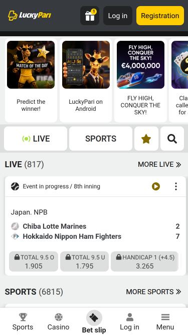Page d'accueil mobile du casino LuckyPari
