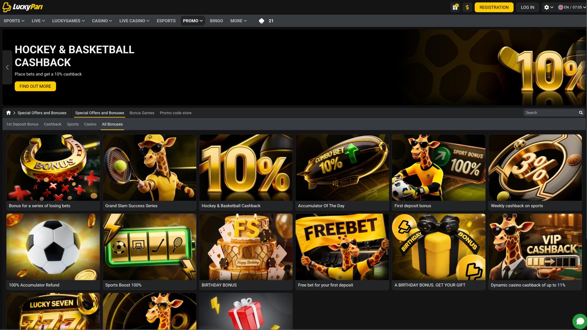 page des promotions du casino LuckyPari