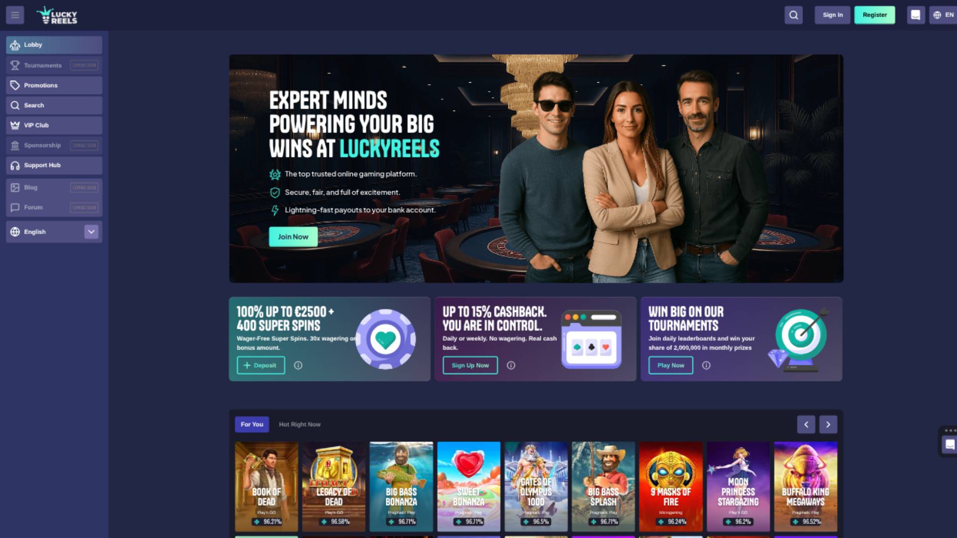 Homepage screenshot of Luckyreels Casino