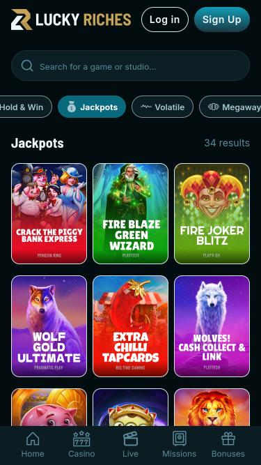 Pagina mobile del jackpot del casinò LuckyRiches