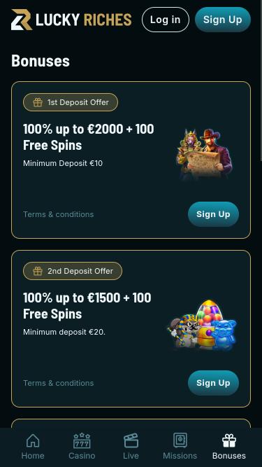 Pagina mobile delle promozioni di LuckyRiches Casino