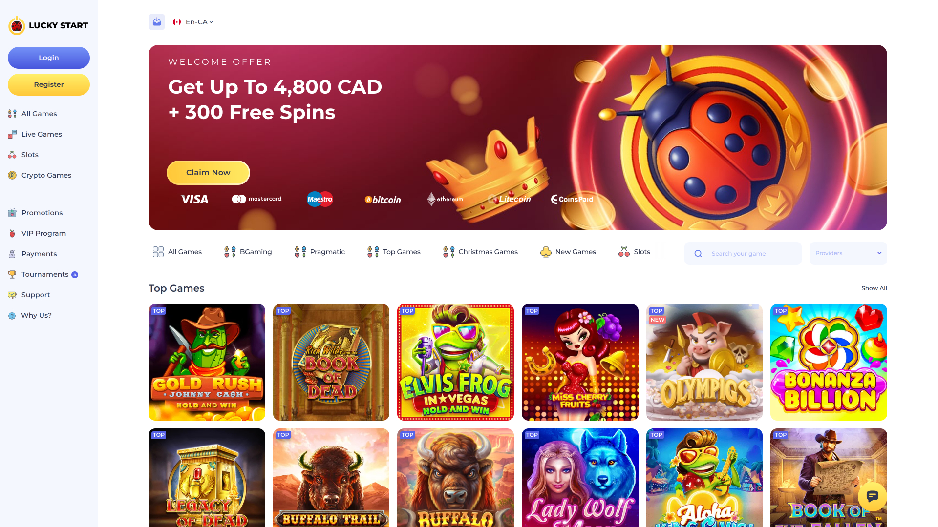 Page d'accueil du casino Luckystart pour ordinateur