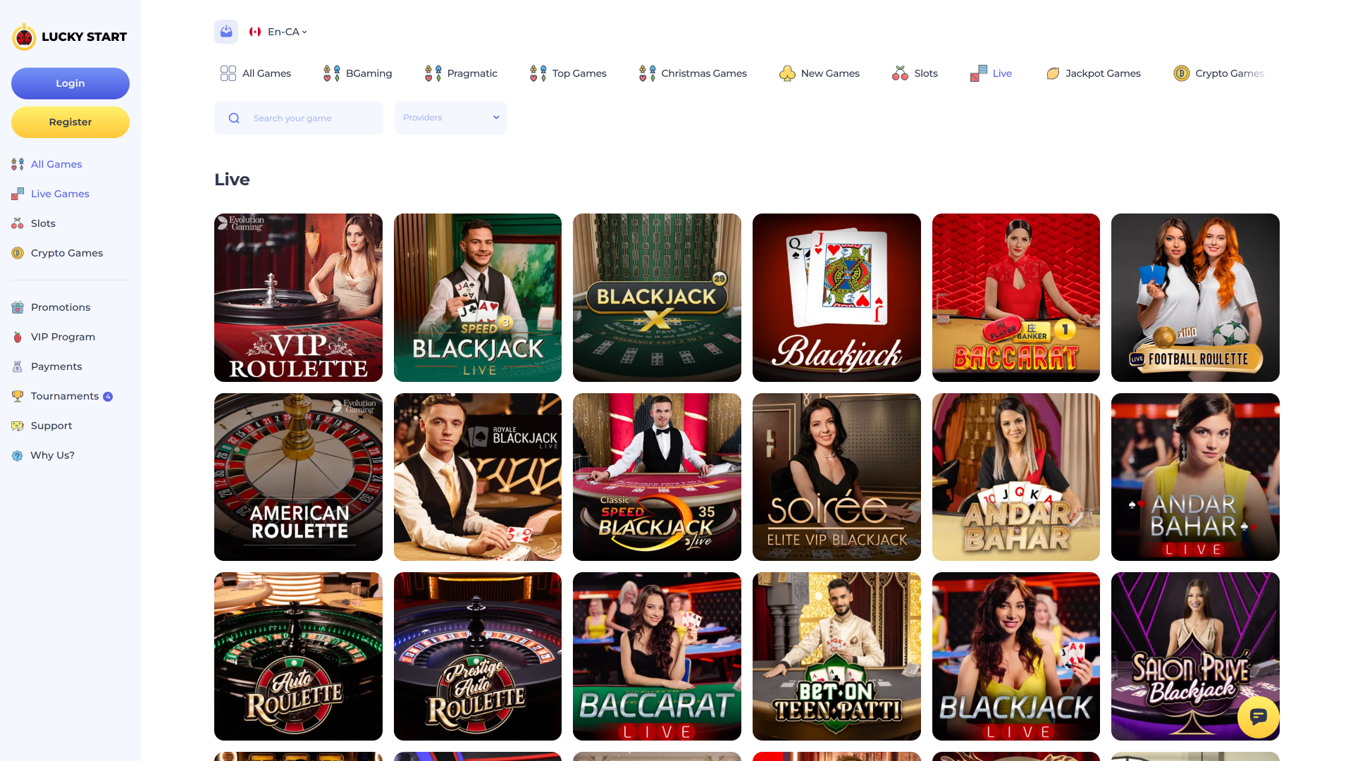 Casino Luckystart pour ordinateur avec croupier en direct