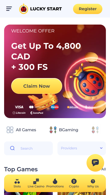 Page d'accueil mobile du casino Luckystart