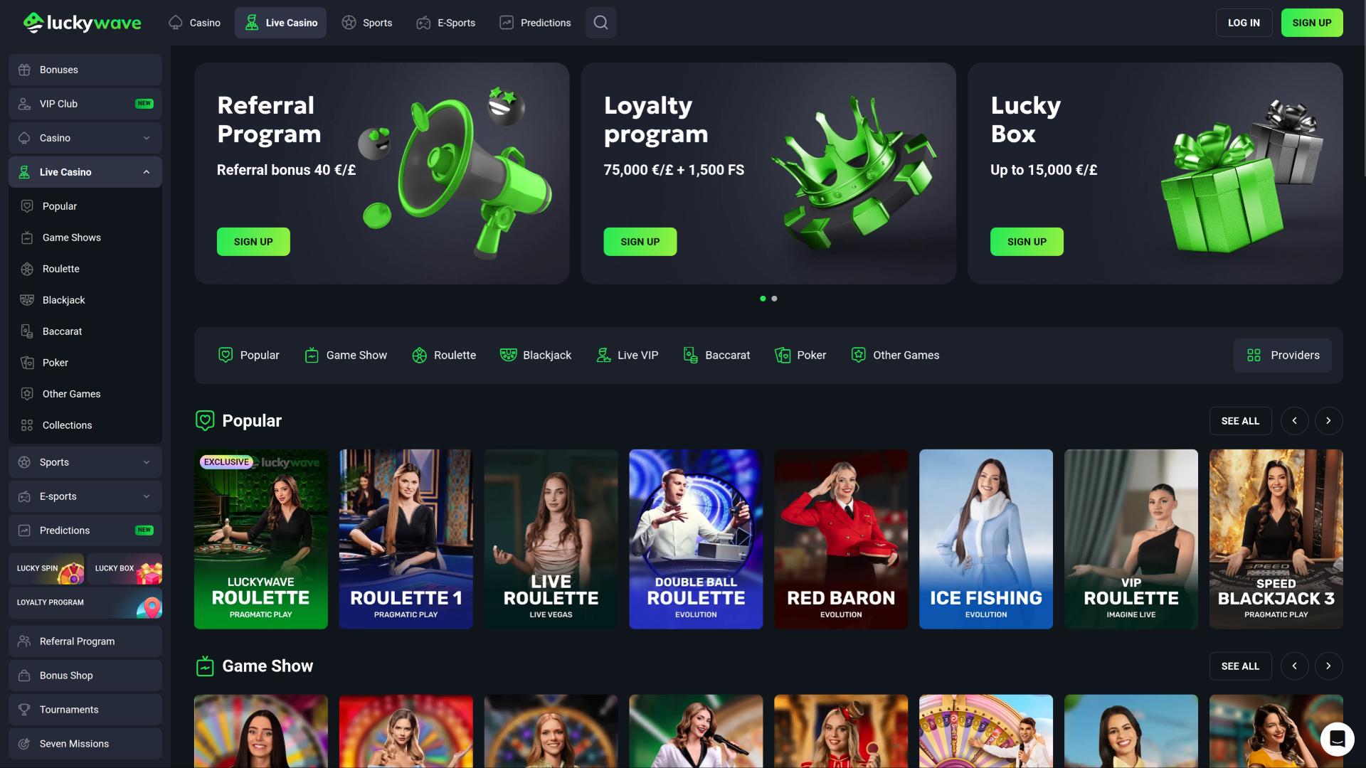 Страница с живыми дилерами в казино LuckyWave