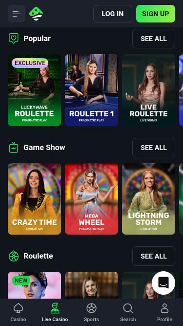 Мобильная страница казино LuckyWave с живыми дилерами