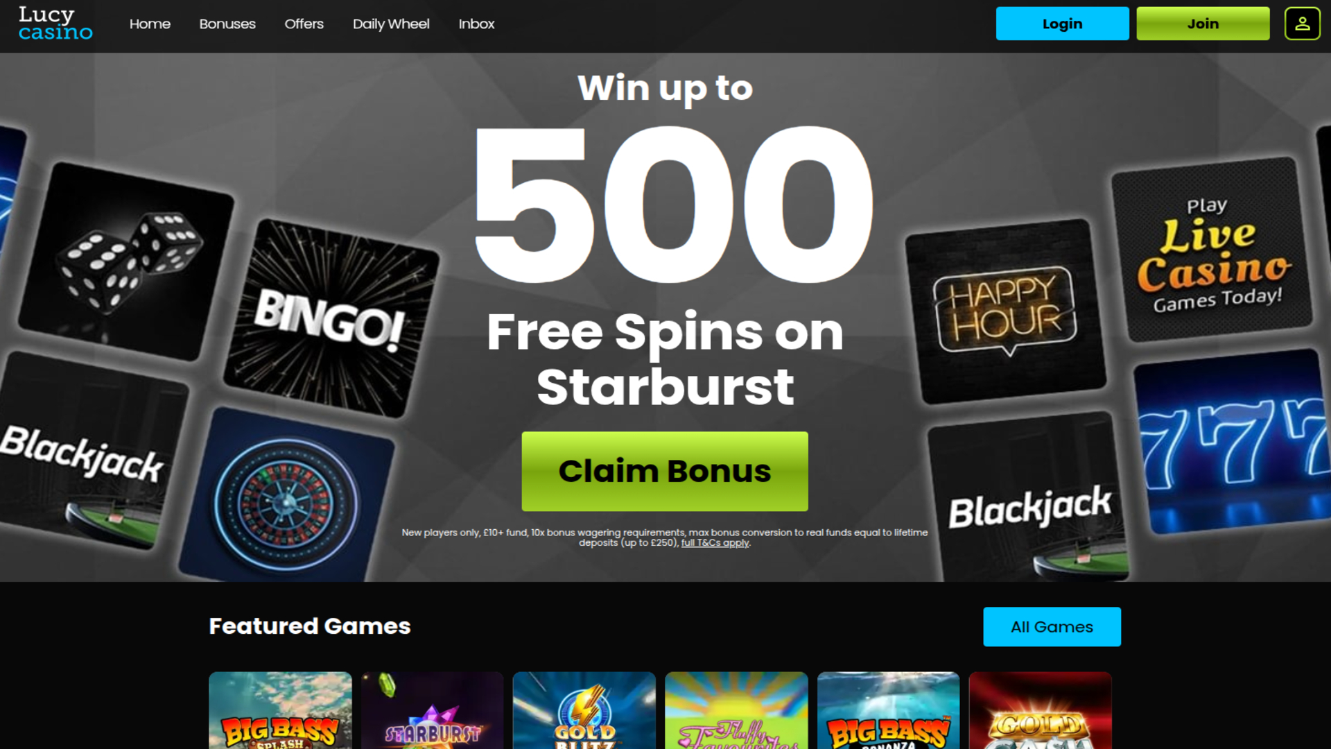 Page d'accueil de Lucy Casino pour ordinateur