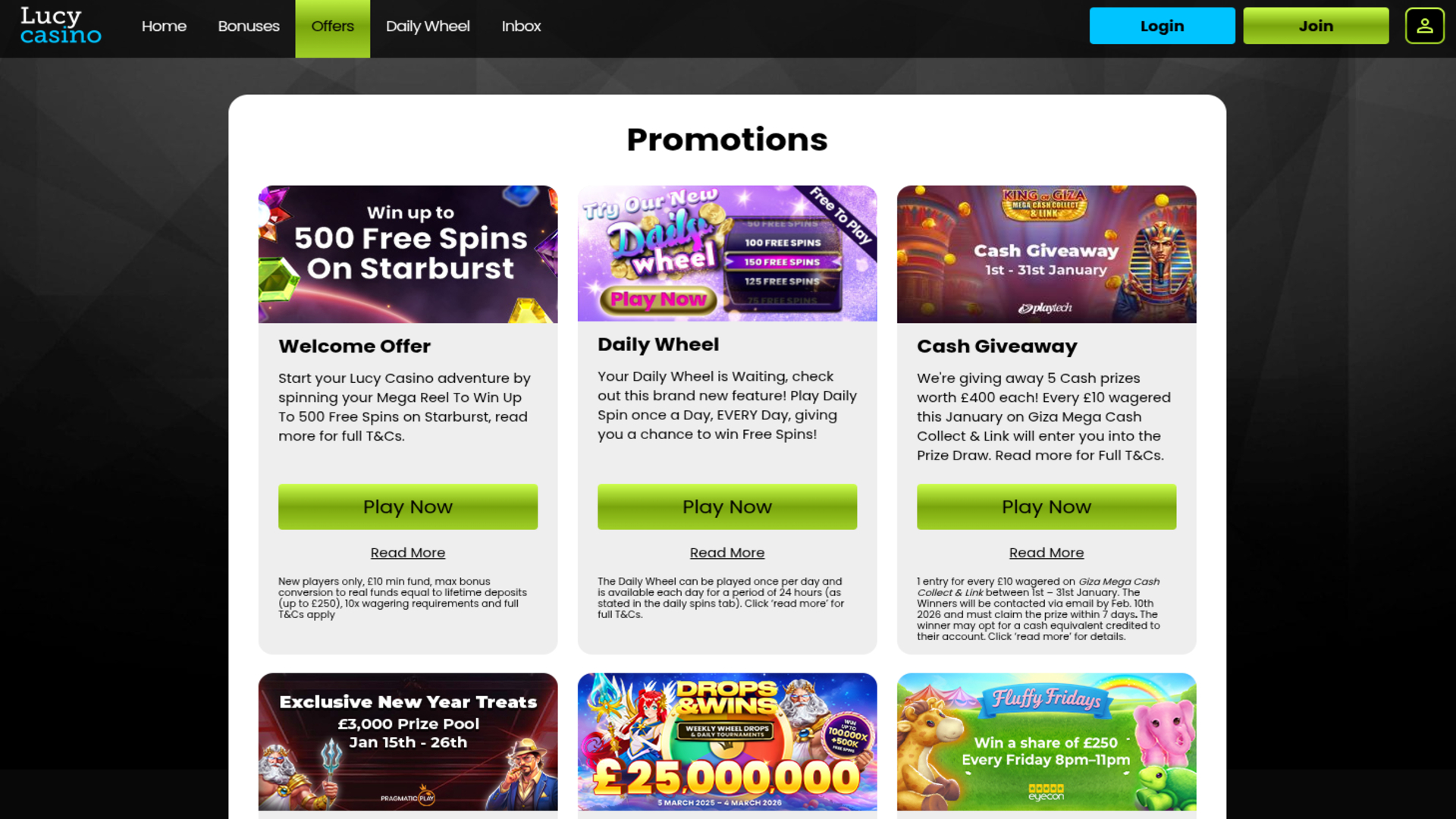 Promotions sur ordinateur de bureau du casino Lucy
