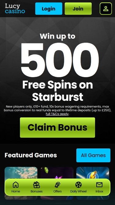 Page d'accueil mobile de Lucy Casino