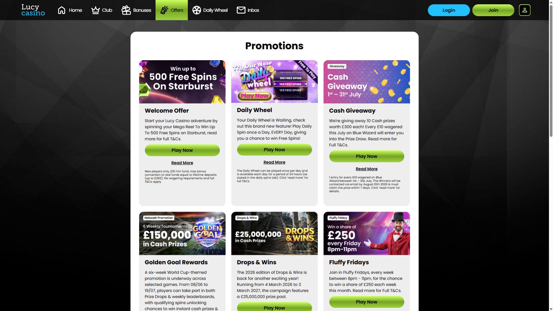 Promotions sur ordinateur de bureau du casino Lucy