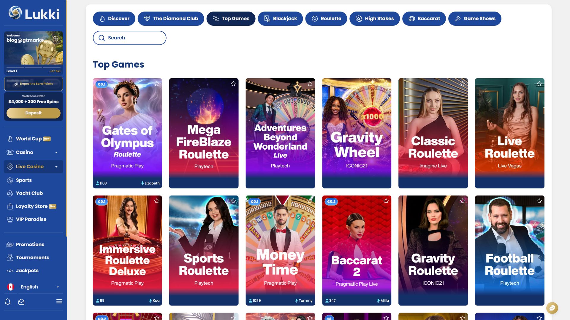 Casino Lukki pour ordinateur avec croupier en direct