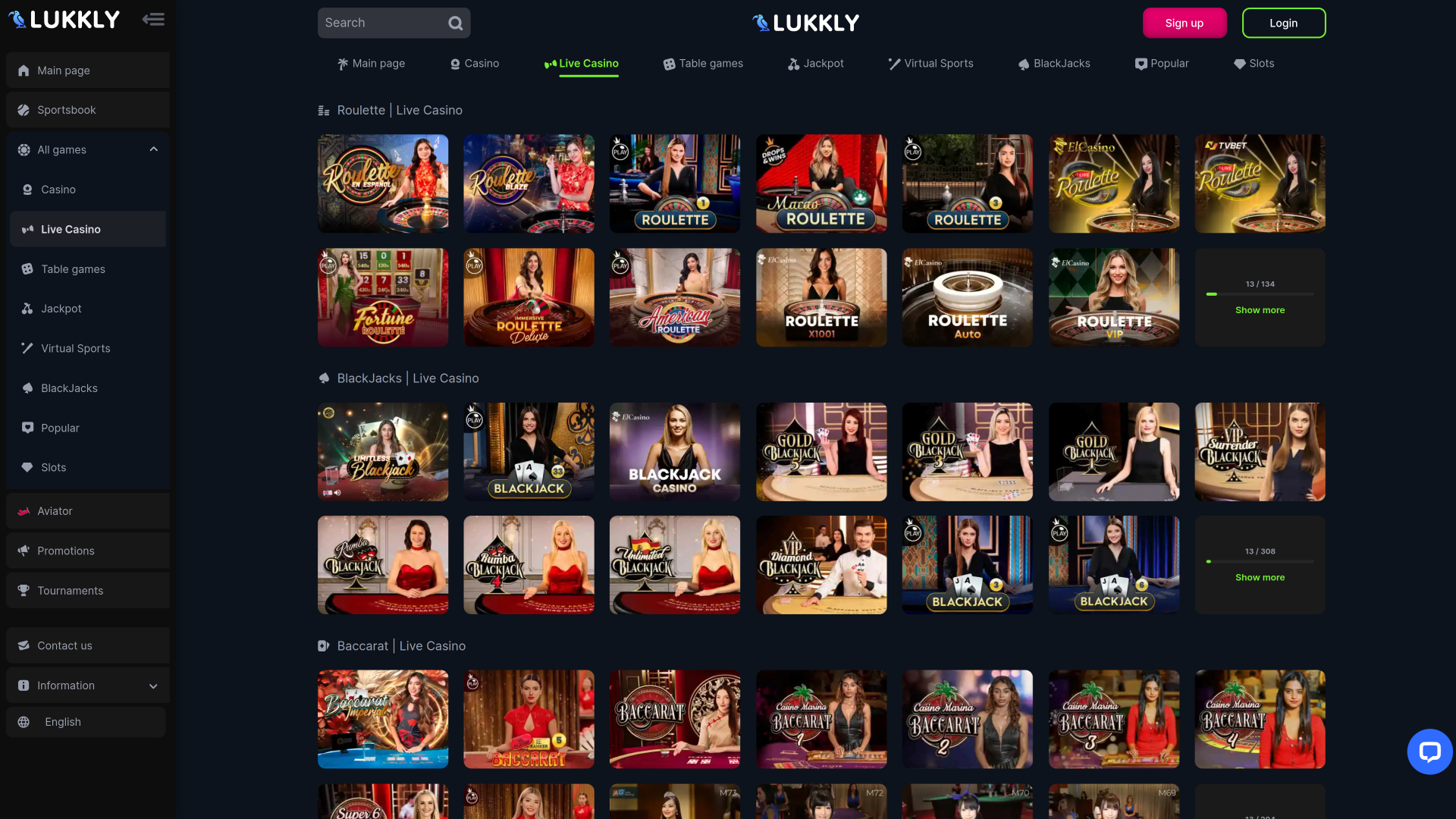 Casino Lukkly pour ordinateur avec croupier en direct