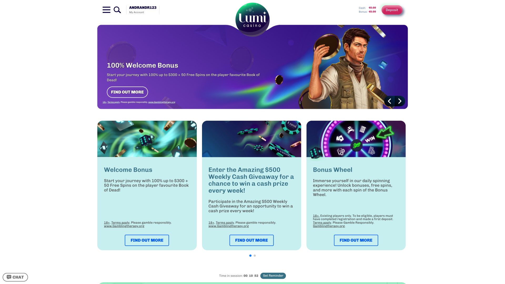 Página de inicio de Lumi Casino para escritorio