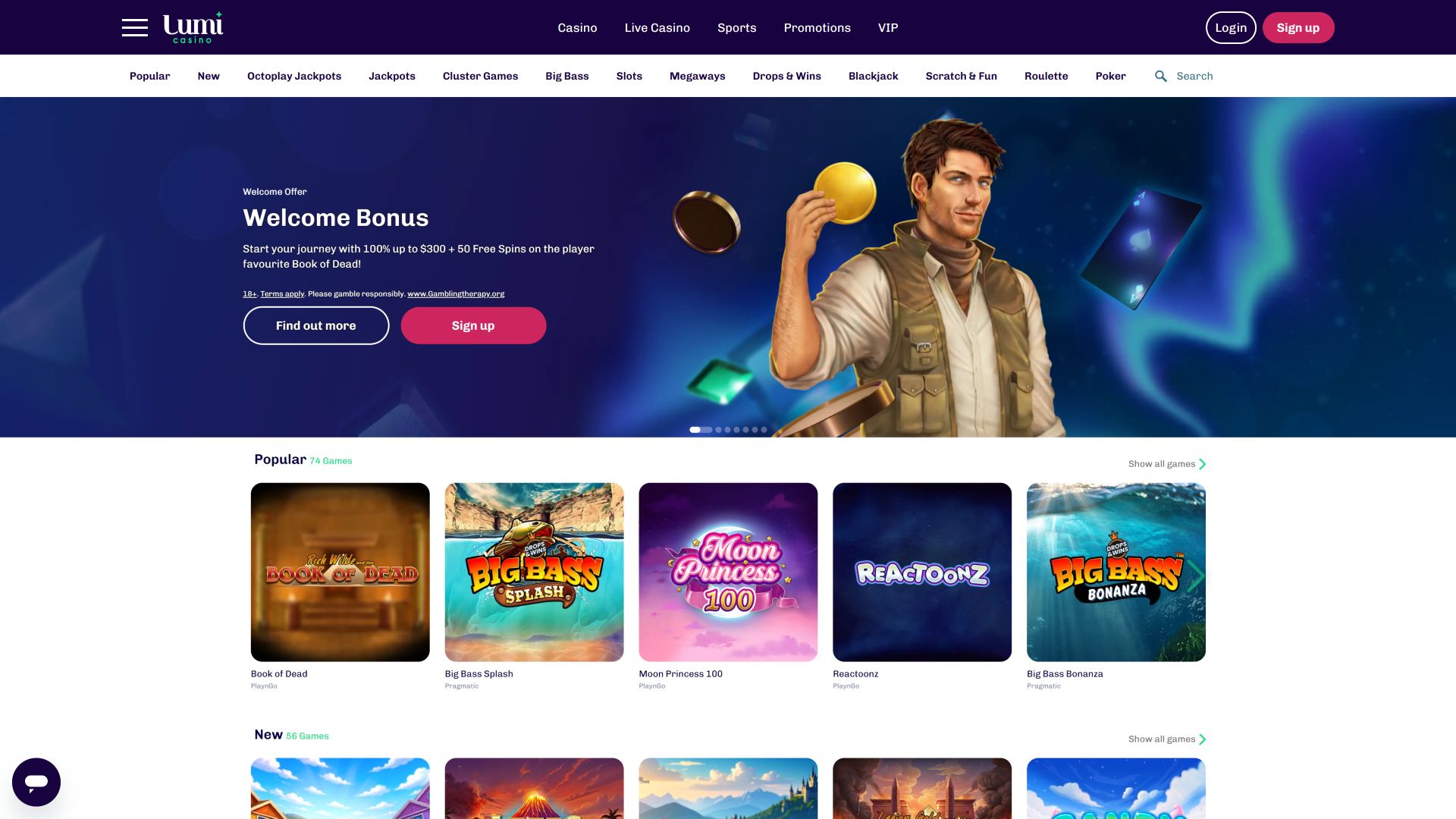 Page d'accueil de Lumi Casino sur ordinateur