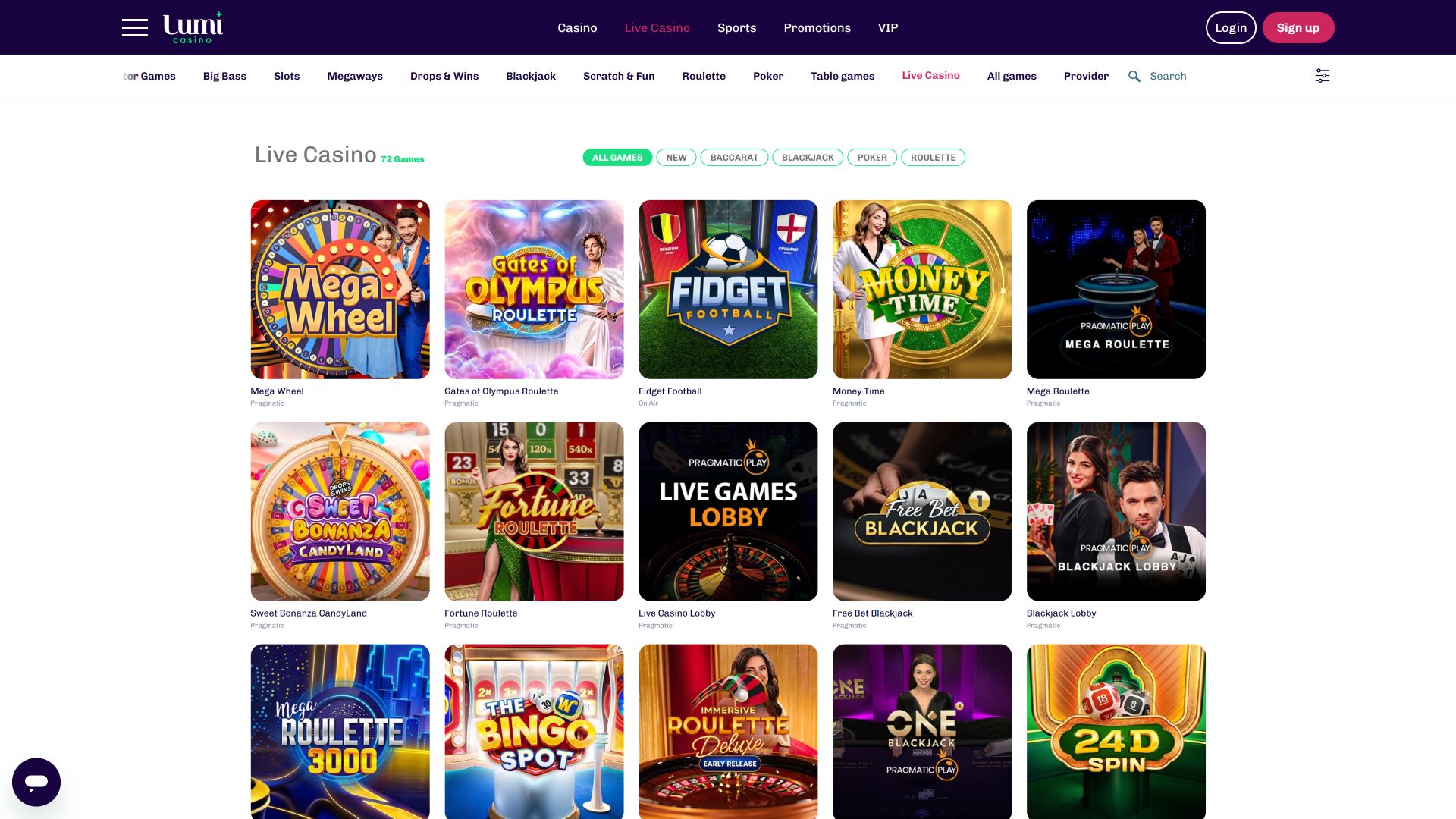 Casino Lumi pour ordinateur avec croupier en direct