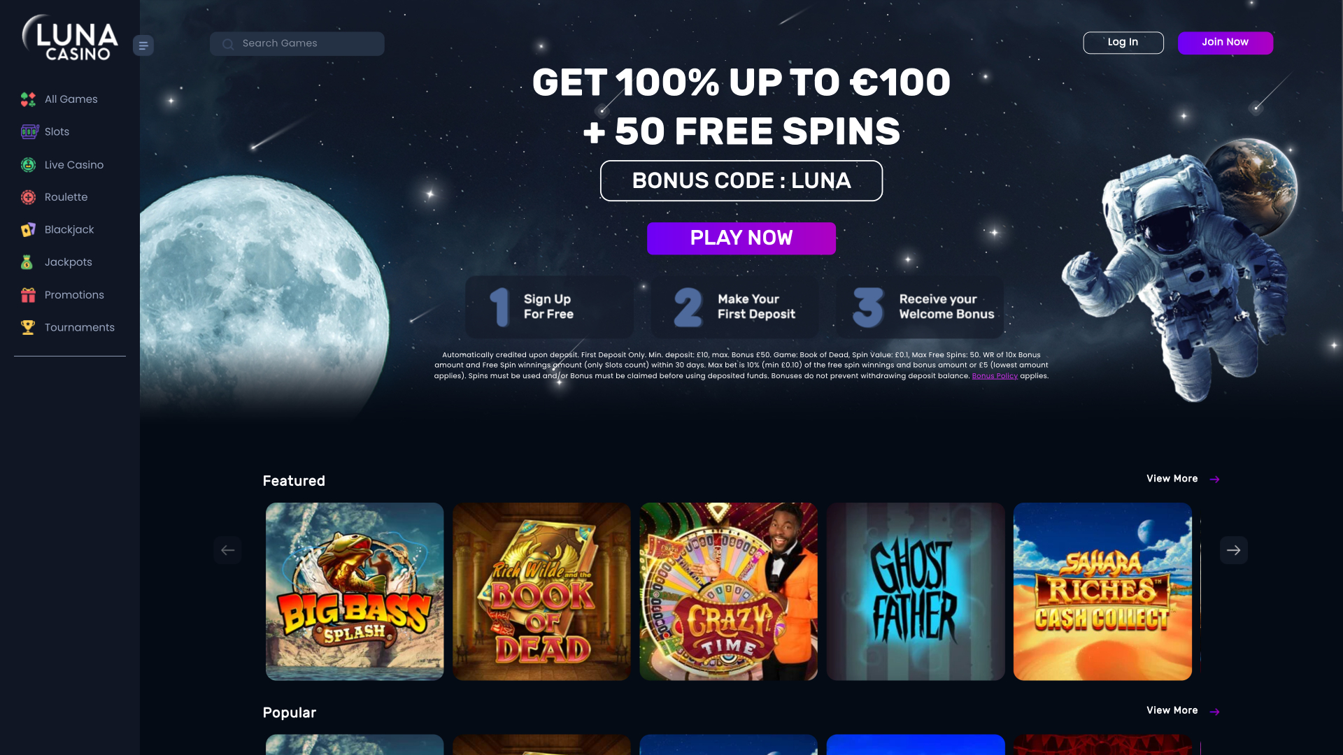 Luna Casino Desktop-Startseite