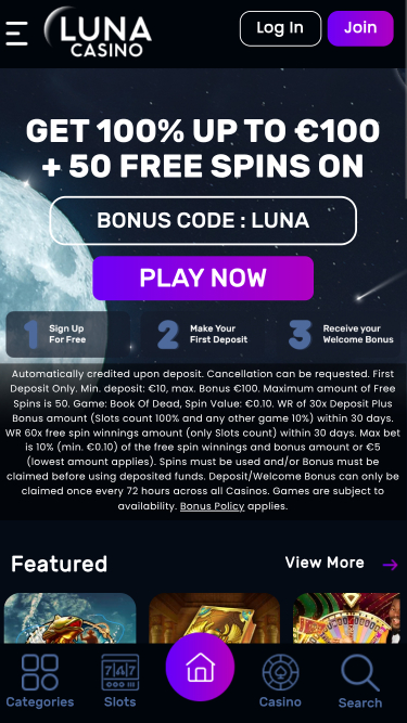 Luna Casino Mobile Homepage