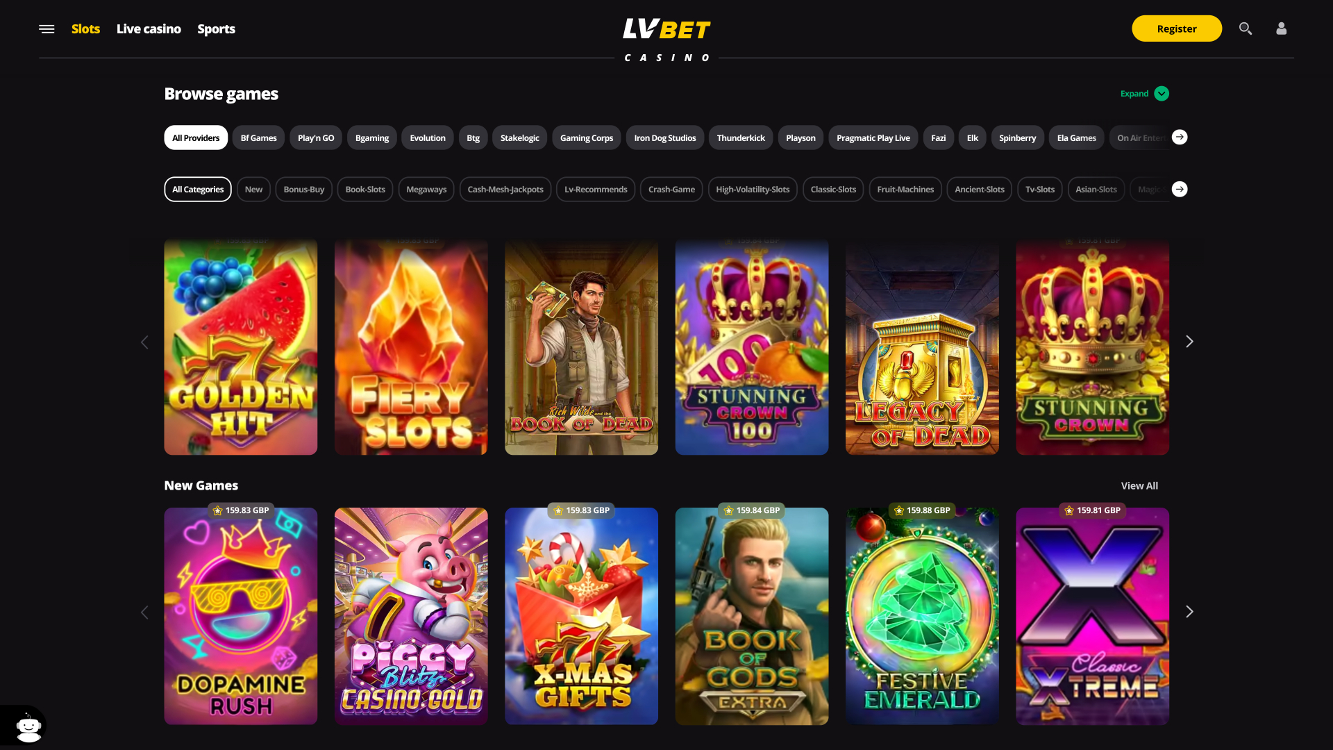 Jeux de casino LV Bet sur ordinateur
