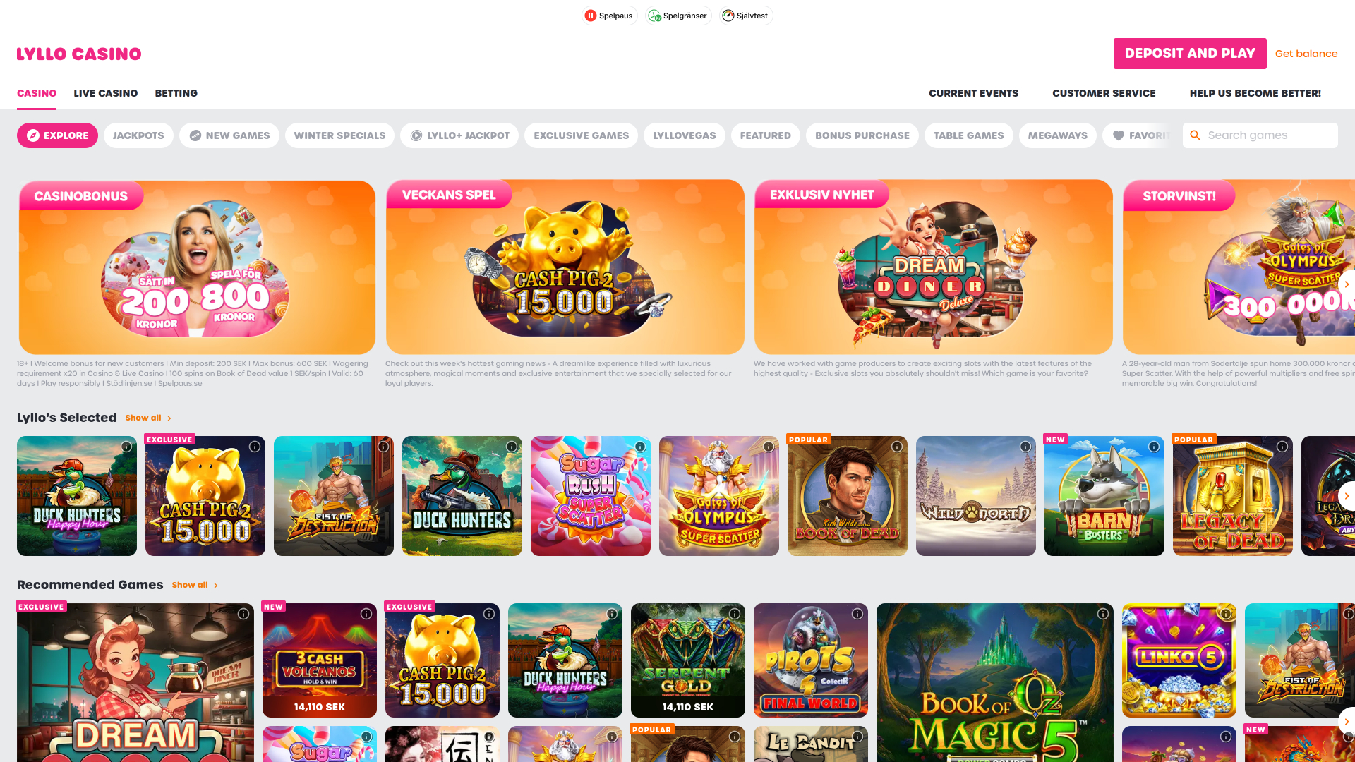 Page d'accueil de Lyllo Casino ordinateur