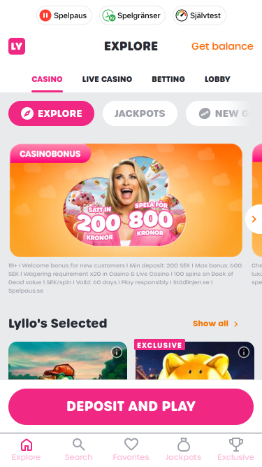 Page d'accueil mobile du casino Lyllo