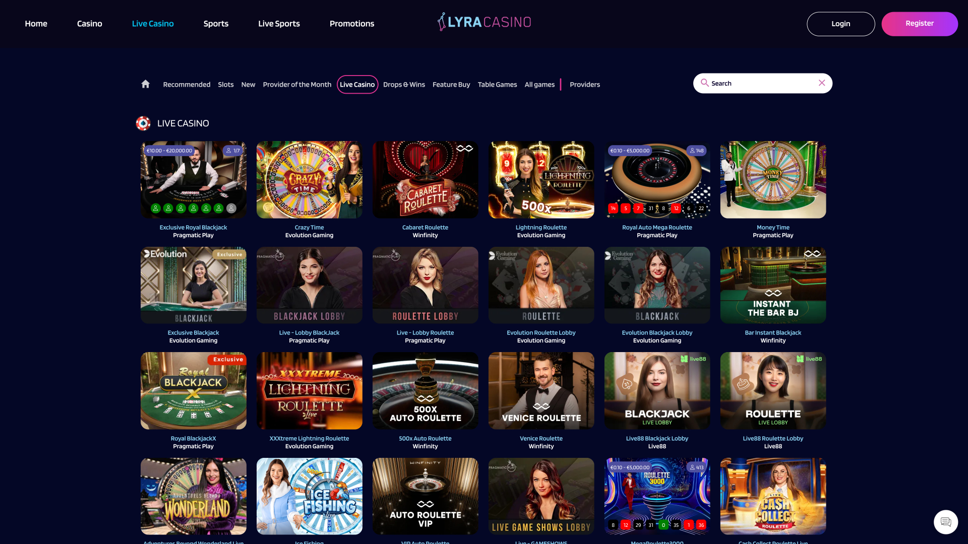 Casino Lyra pour ordinateur avec croupier en direct