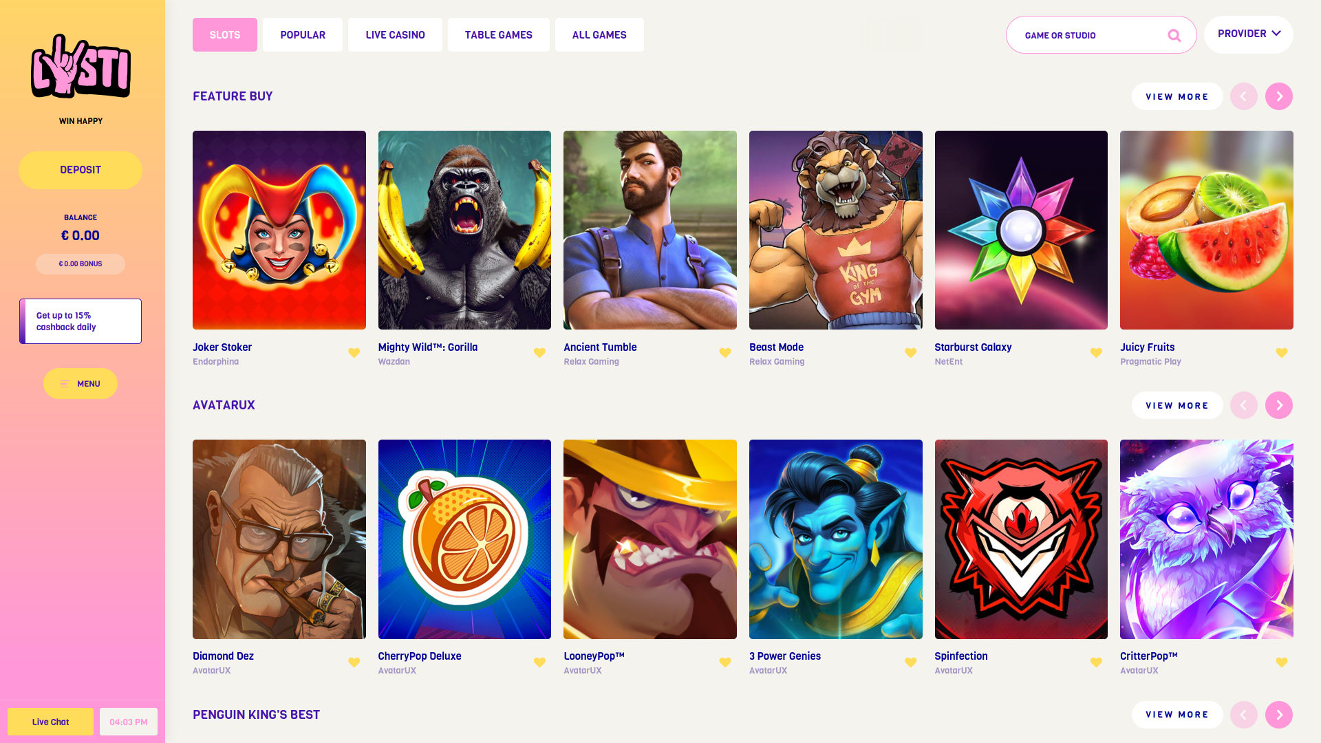 Jeux de casino Lysti sur ordinateur