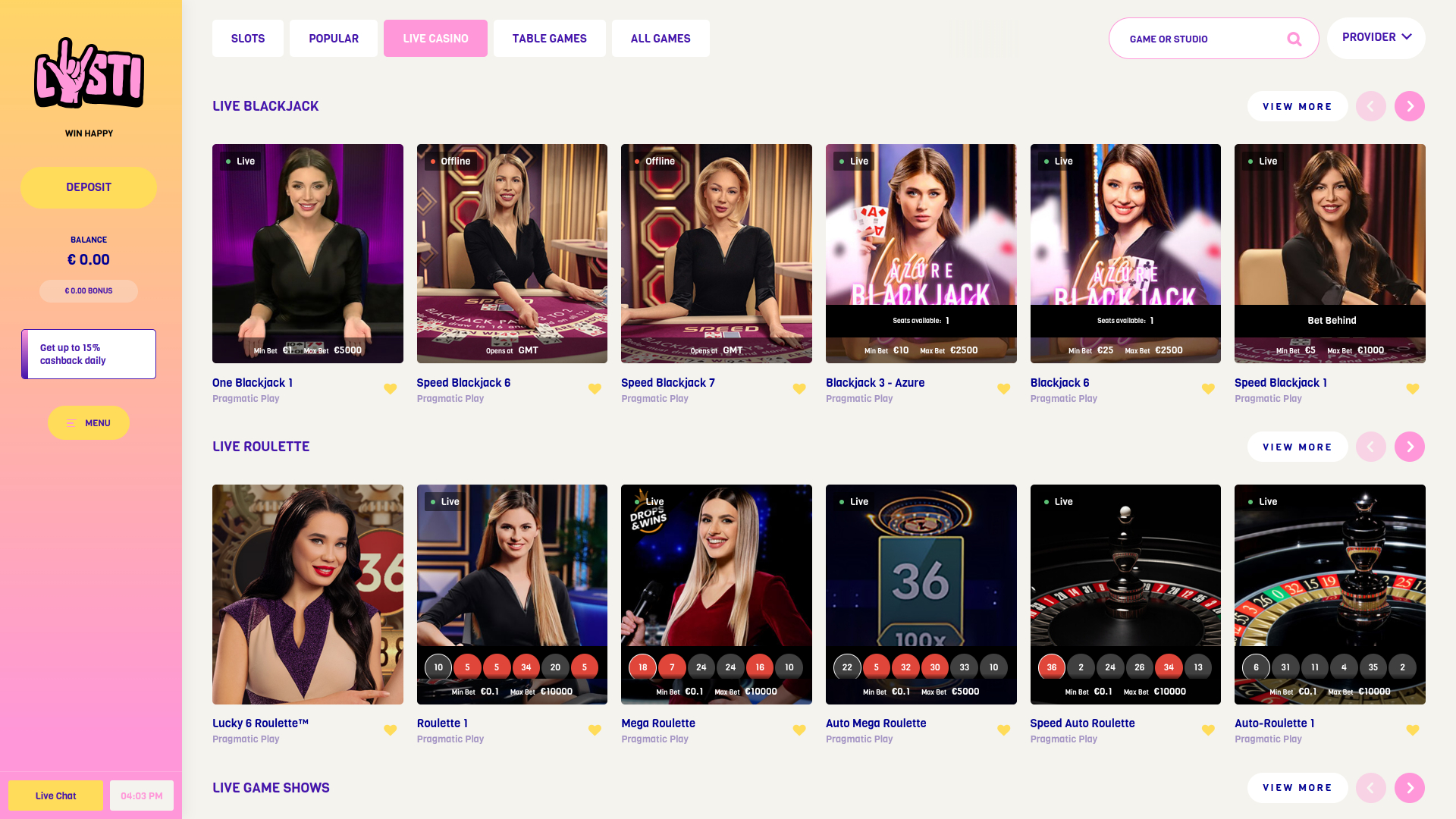 Casino Lysti sur ordinateur avec croupier en direct
