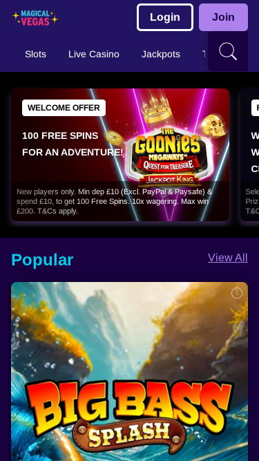 Página de inicio móvil del Magical Vegas Casino
