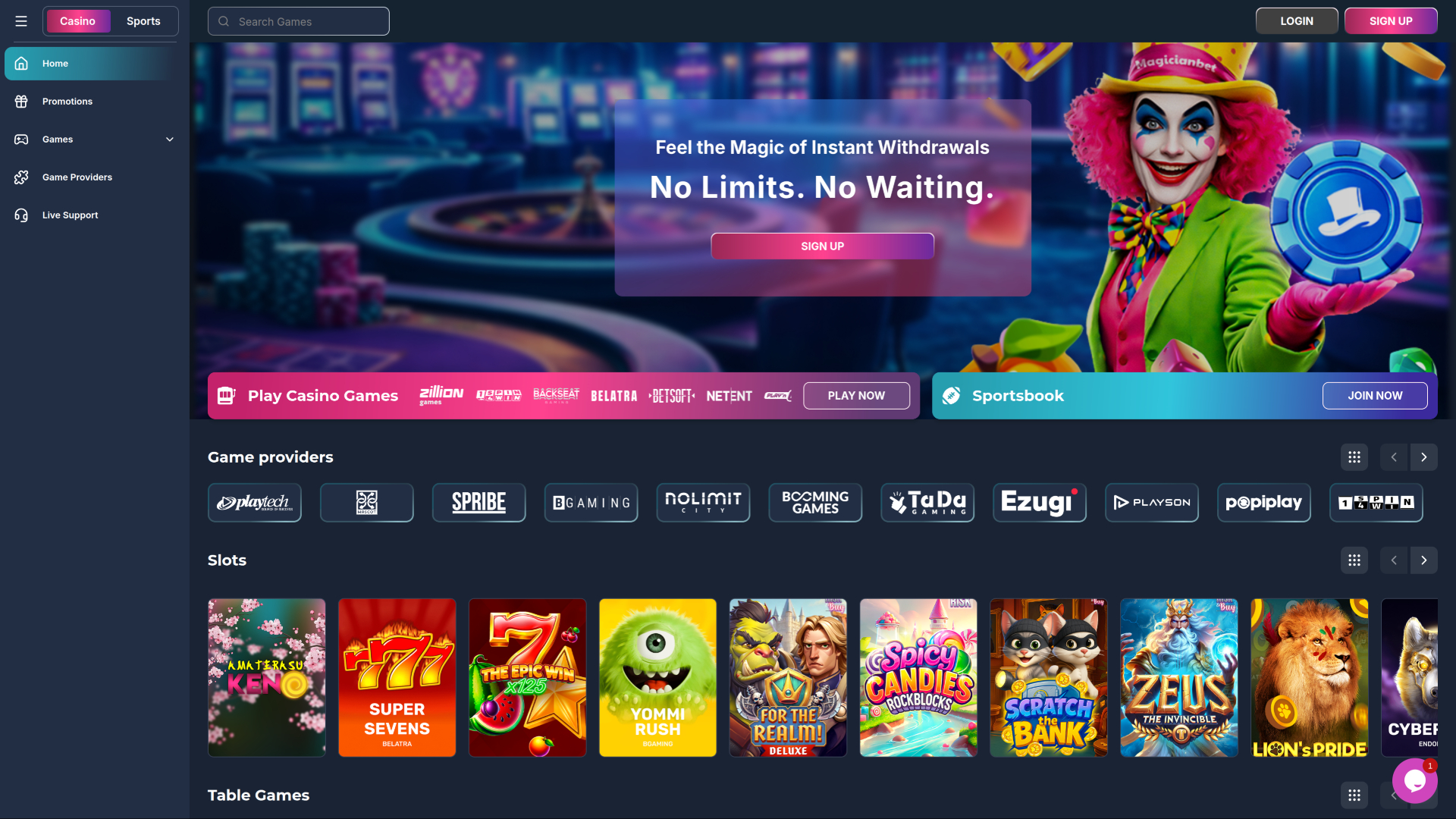 Главная страница казино Magicianbet для настольных компьютеров