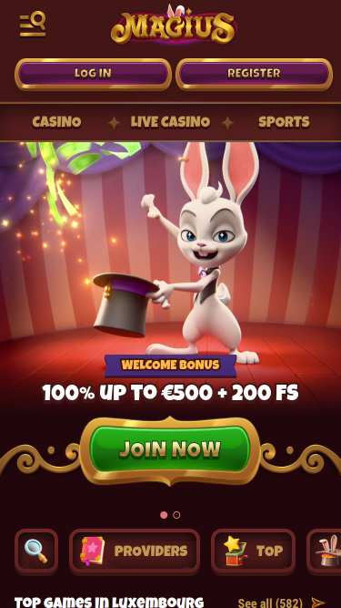 Page d'accueil mobile du casino Magius