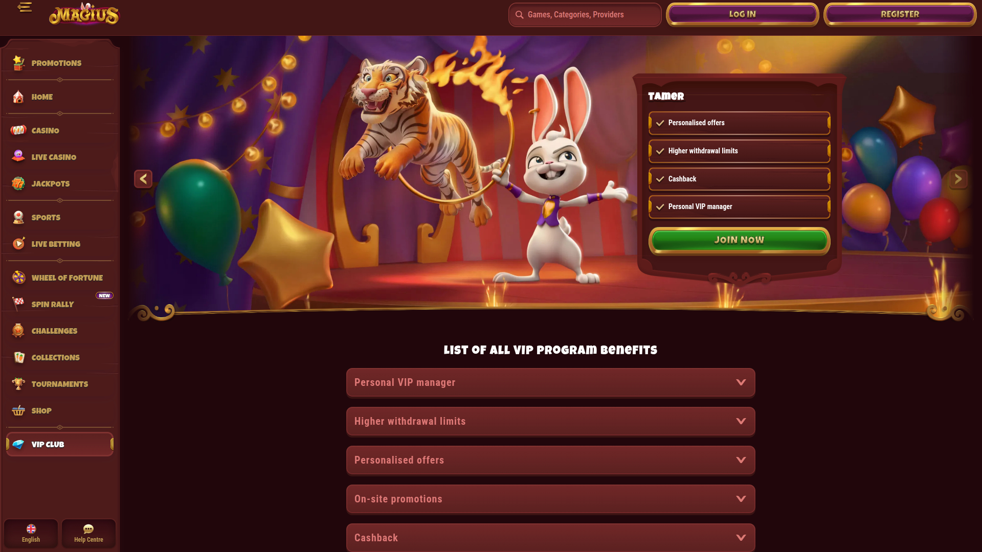 Programme VIP de bureau de Magius Casino