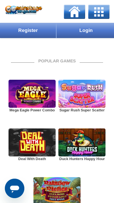 Page d'accueil mobile de Mainstage Bingo