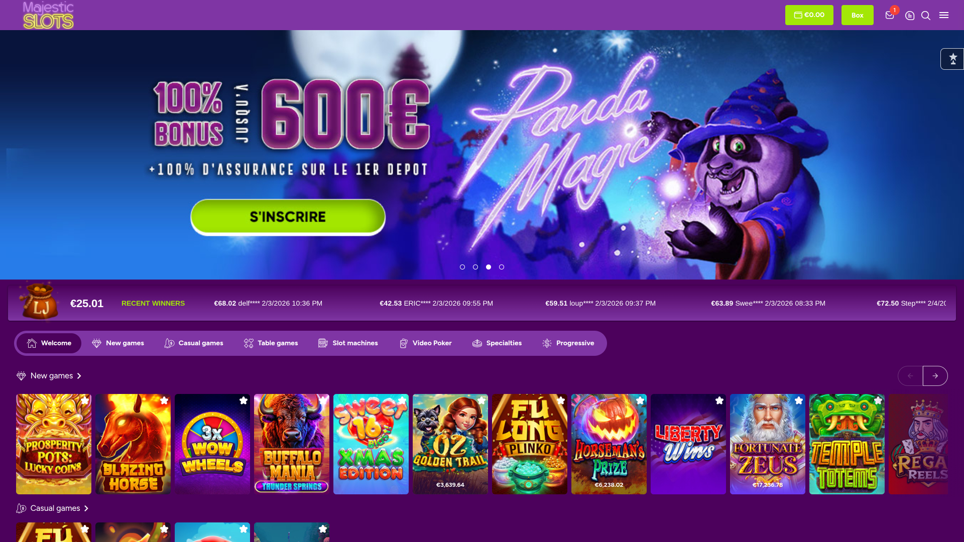Page d'accueil du casino Majestic Slots pour ordinateur