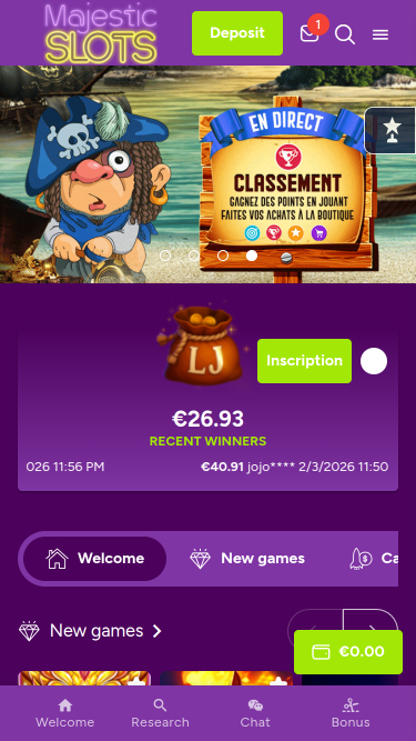 Page d'accueil mobile du casino Majestic Slots