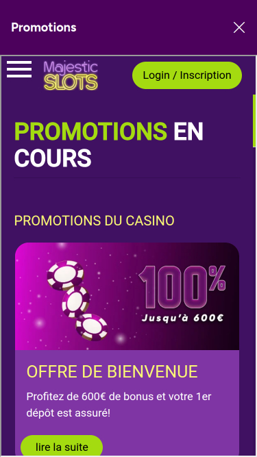 Promotions mobiles du casino Majestic Slots