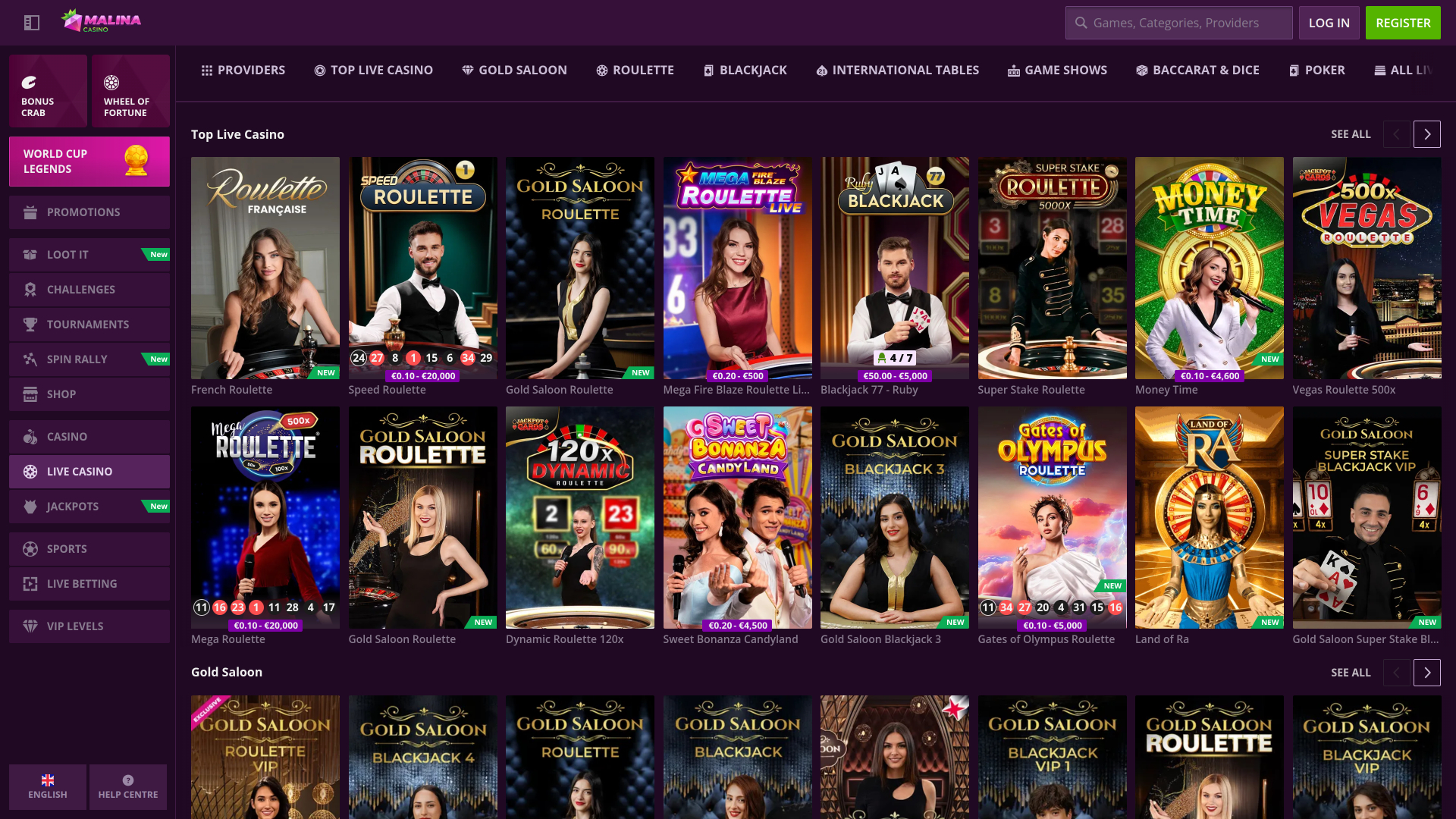 Malina Casino Desktop с живыми дилерами