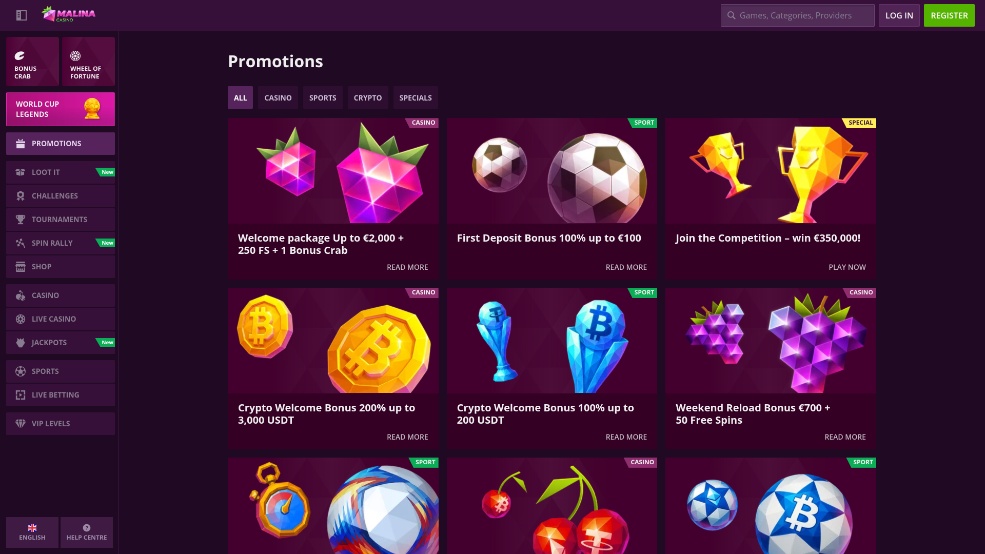 Акции Malina Casino для настольных компьютеров
