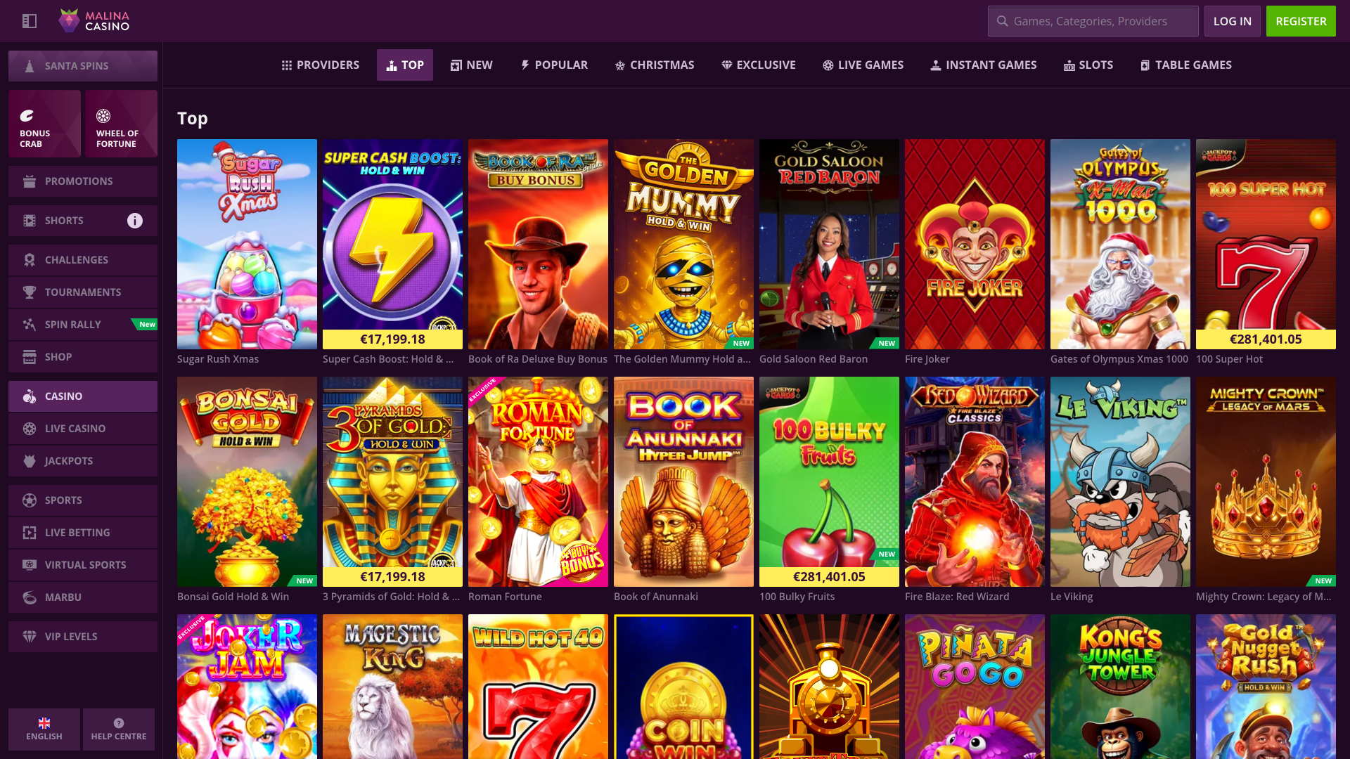 Juegos de escritorio del casino Malina